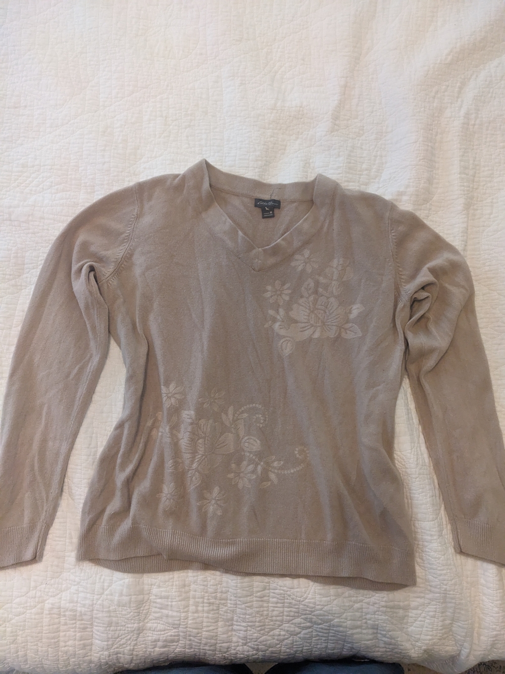 Eddie Bauer Women’s V-Neck Floral Sweater in Taupe